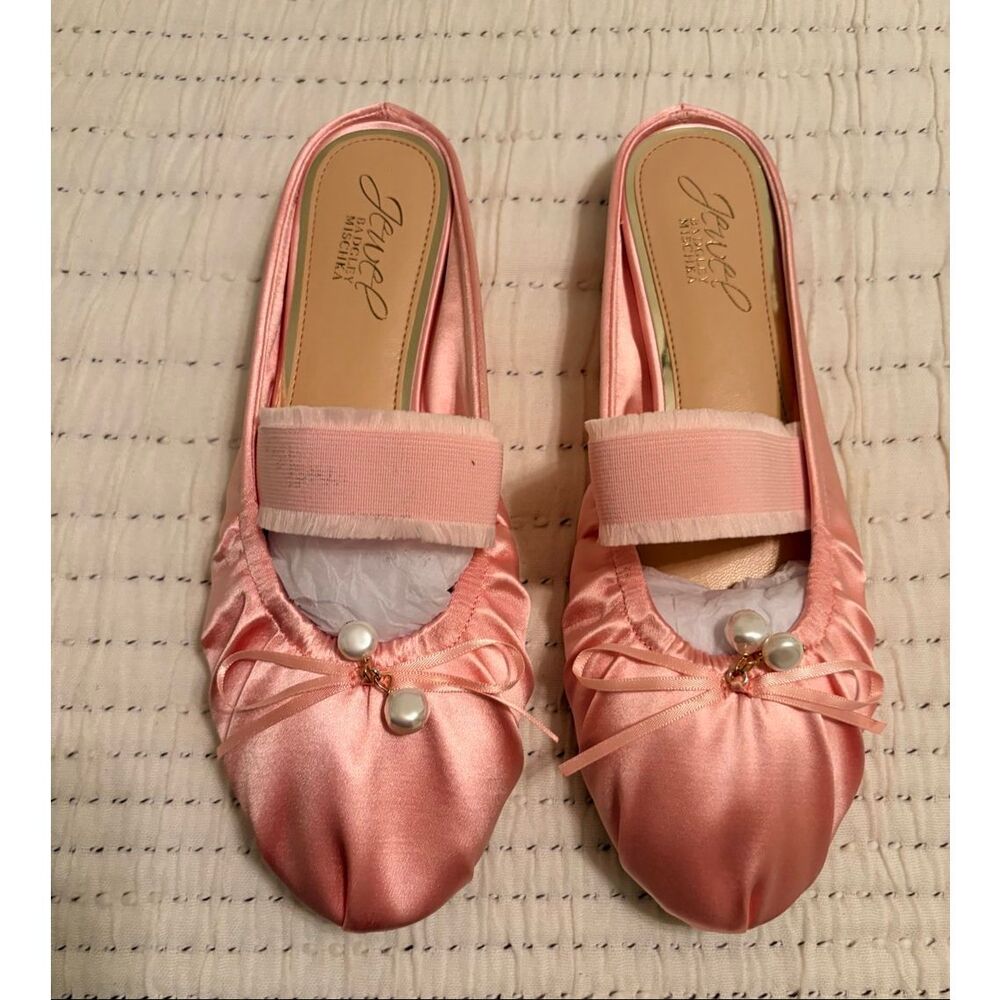 Jewel Badgley Mischka Pink Satin Ballet Mule Flats Pearl Bow Slip-On Shoes Size